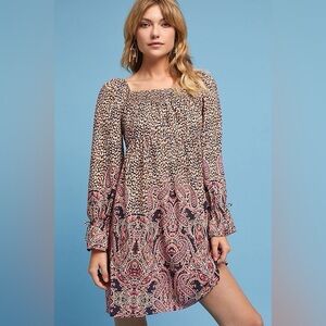 Anthropologie Maeve Milou Mini Babydoll Dress Pink Long Sleeve Boho Size M EUC